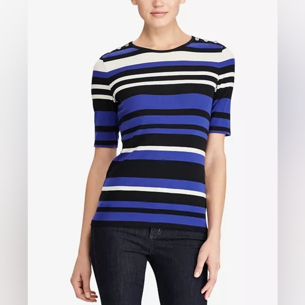 Lauren Ralph Lauren Button-Shoulder T-Shirt Striped Blue and Black Dress Top